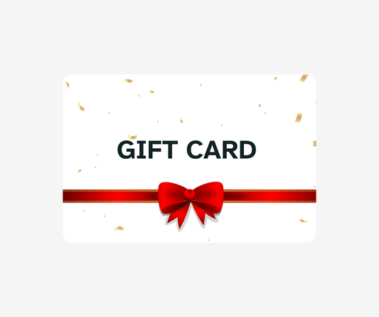 Gift card template with a red ribbon and bow on a white background