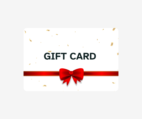 Gift card template with a red ribbon and bow on a white background